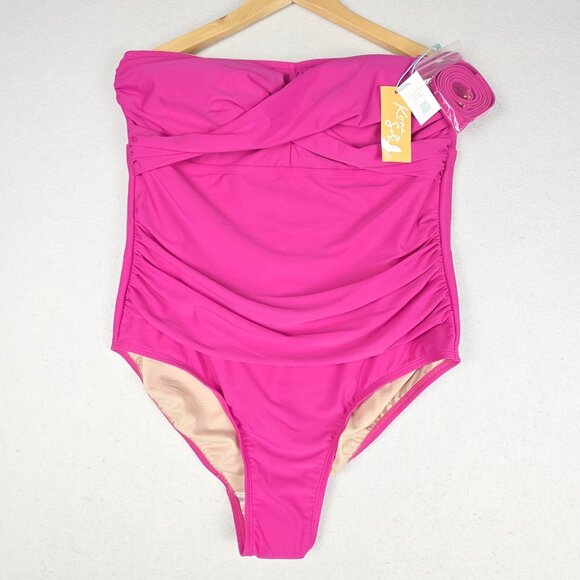 NWT Kona Sol Womens 1-piece Swimsuit Sz 17 Fushia Tummy Control Strapless Halter - Picture 5 of 13